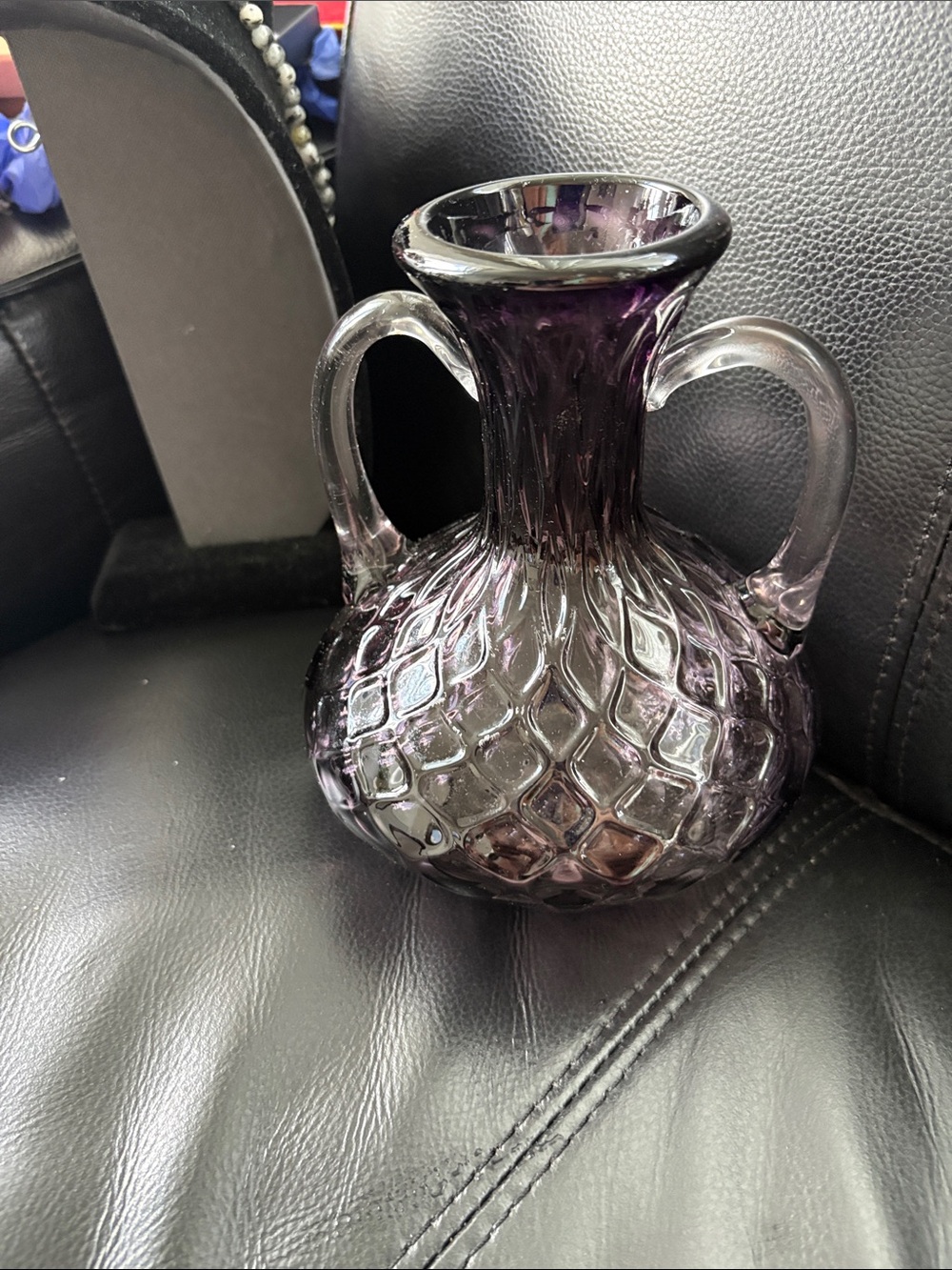 Vintage Handblown Glass Double-Handled Vase in Deep Purple